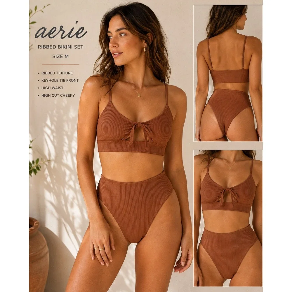 Aerie Ribbed Bikini Set Brown Keyhole Tie Front High Waist Cheeky Medium